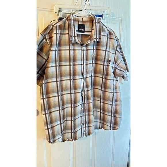 Prana Mens Brown Plaid Short Sleeve Button Down Shirt Size xxl/reg‎ - Picture 1 of 5